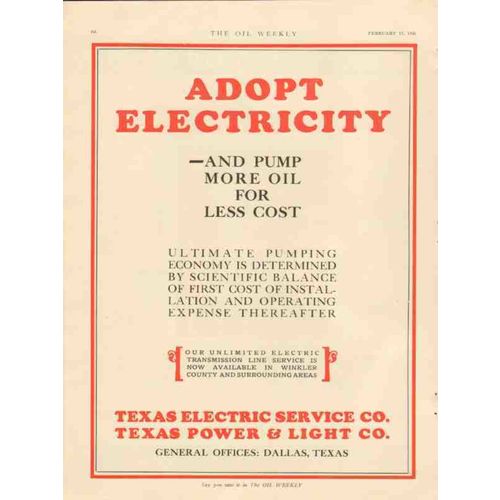 TEXAS POWER LIGHT COMPANY 1928 adopt electricity pump oil vintage ad