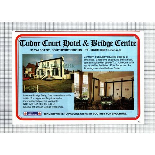 C7657) Avalon Hotel Southport Bill Johnson / Tudor Court Boothby -1986 Advert