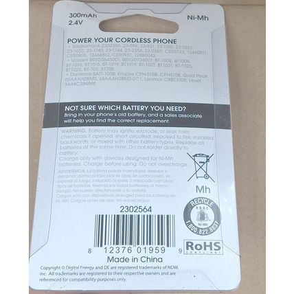 DE Digital Energy (Uniden) BT 1008 300mAh 2.4v Ni-MH 2302564 - NEW 230-2564 1025
