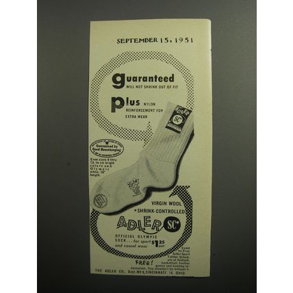 1951 Adler SC Socks Ad - guaranteed will not shrink out of fit