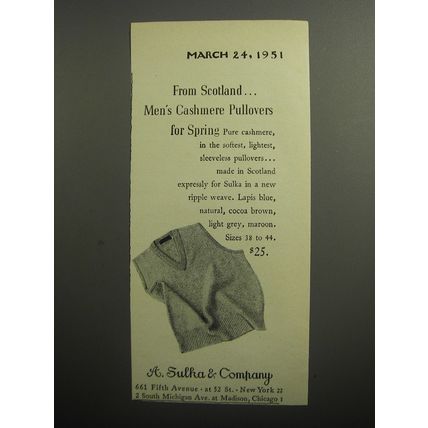 1951 A. Sulka & Company Men's Cashmere Pullovers Advertisement