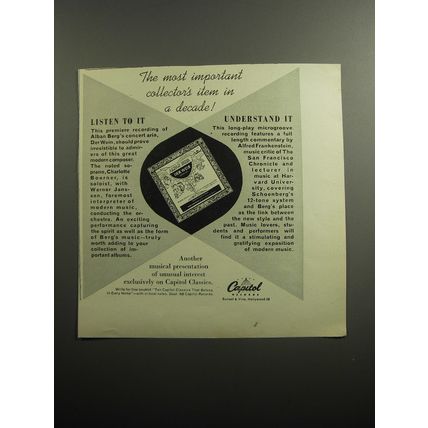 1951 Capitol Records Advertisement - Alban Berg Concert Aria, Der Wein