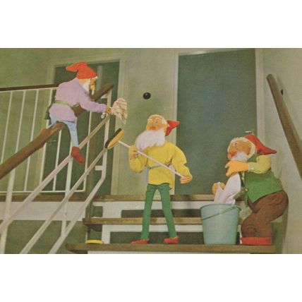 Toy Gnomes Cleaning Stairs Sliding Down Banisters Postcard