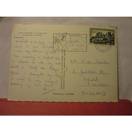 MENTON, FRANCE used vintage postcard RP 1958 pm Italy.France border =