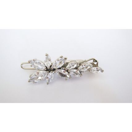 Small silver crystal flower leaf hair alligator clip barrette for fine thin hair