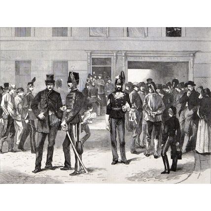 RECRUITING AT WESTMINSTER 1870 Boars Head Yard VICTORIAN ENGRAVING
