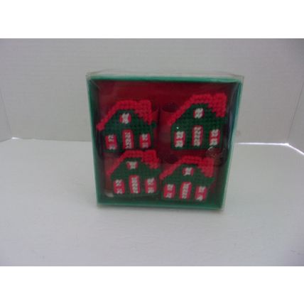 Vintage Hedaya Brothers Plastic Canvas Cross Stitch Napkin Rings HOUSE Set 4