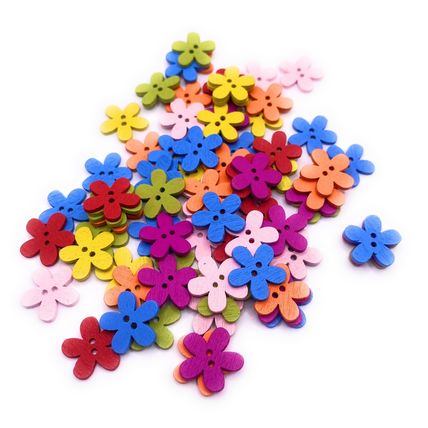 15mm x 30 Flower Shaped Wooden Buttons Mixed Colours Great for Crafts Sewing