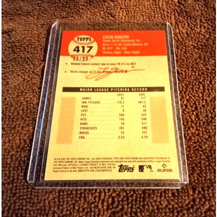 2022 Topps Chrome #417 Lucas Giolito Green Toile Refractor 99/99 NM-MT Or Better