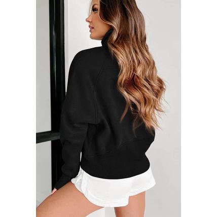 Black Zip Up Stand Collar Ribbed Thumbhole Sleeve Sweatshirt