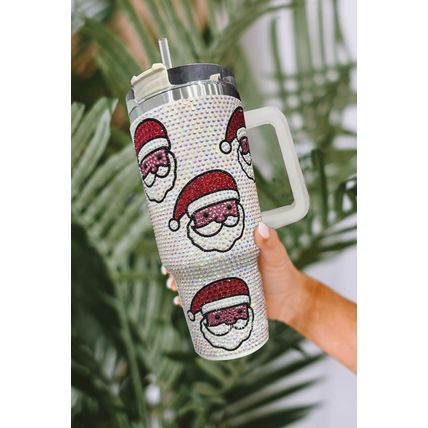 White Christmas Santa Claus Diamond Thermos Cup with Straw