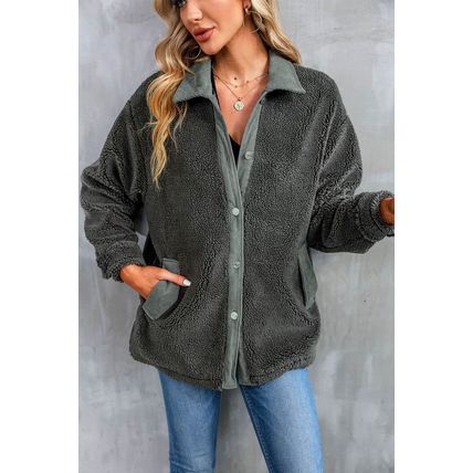 Gray Corduroy Trim Elbow Patch Sherpa Jacket