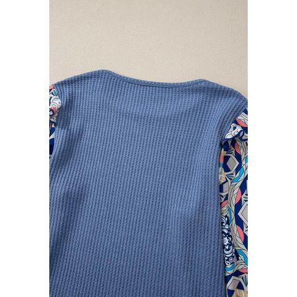 Ashleigh Blue Ruffled Floral Sleeve Patchwork Waffle Knit O Neck Blouse