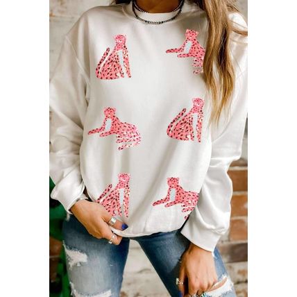 Beige Sequin Cheetah O Neck Drop Shoulder Sweatshirt