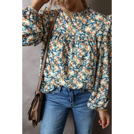 Sky Blue Floral Print Frilled Mock Neck Puff Sleeve Blouse