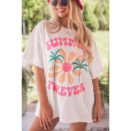 White SUMMER FOREVER Flower Graphic T Shirt