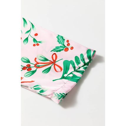 Pink Christmas Berries Plant Print Satin Long Sleeve Pajama Set