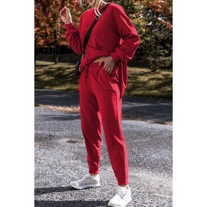 Racing Red Solid Color High Low Pullover and Skinny Pants Set