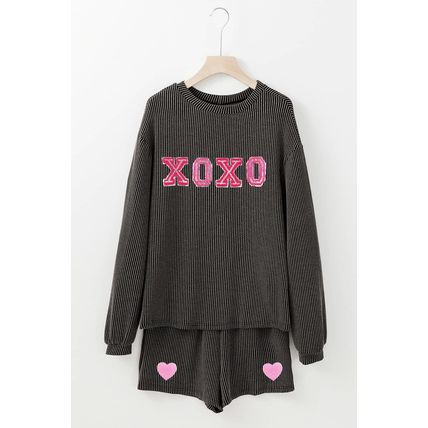 Carbon Grey XOXO Heart Patched Pattern Long Sleeve Corded Shorts Set