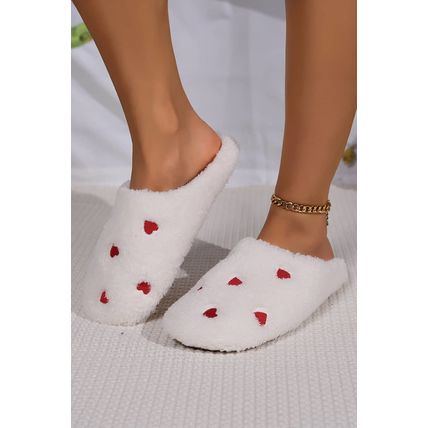 White Heart Shape Embroidered Slip On Plush Slippers