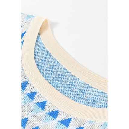 Sky Blue Stripe Geometric Print Round Neck Slim Fit Sweater Vest