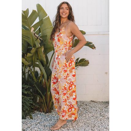 Orange Floral V Neck Wide Leg Sleeveless Jumpsuit