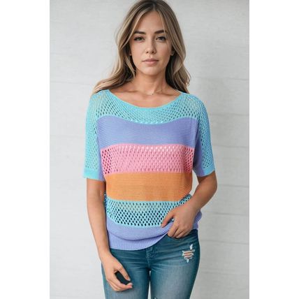 Sky Blue Knitted Eyelet Colorblock Striped Half Sleeves Top