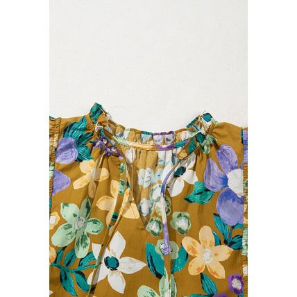 Yellow Floral Print Tiered Flutter Sleeve V Neck Top