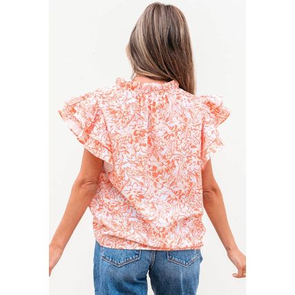 Orange Floral Ruffle Sleeve Split Neck Blouse