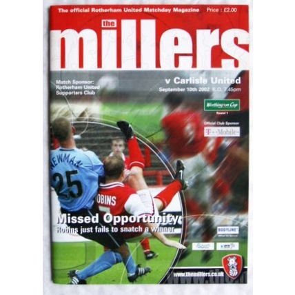 2002 programme Rotherham United v. Carlisle United, centrefold Darren Garner