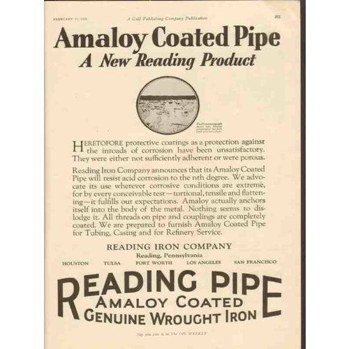 READING IRON COMPANY 1928 Amaloy coated pipe corrosion oil vintage ad