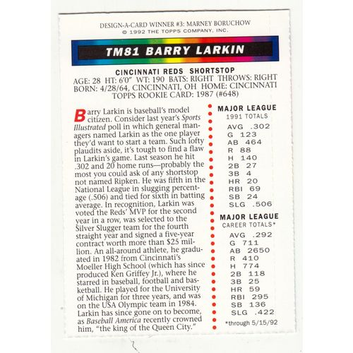 1992 Topps Magazine baseball TM81 Barry Larkin insert card –NM- Reds