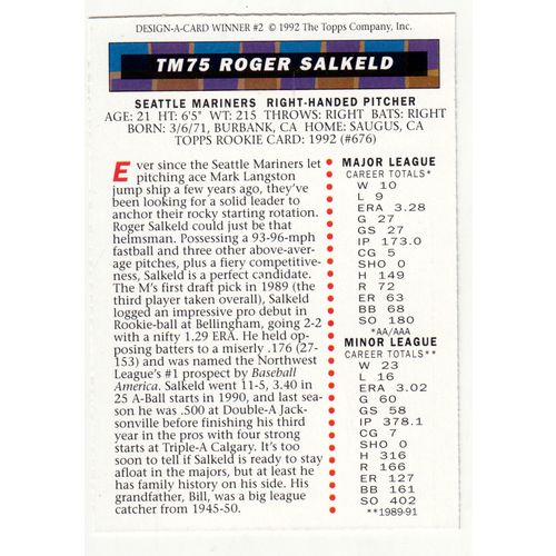 1992 Topps Magazine baseball TM75 Roger Salkeld insert card –NM- Mariners