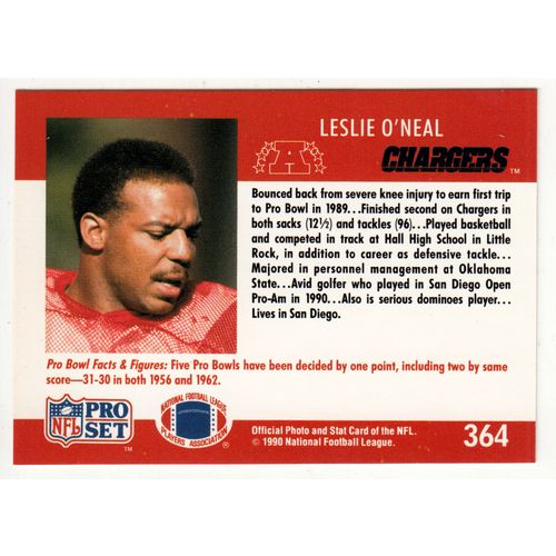1990 NFL Pro Set Football card 364 Leslie O’Neal 1990 Pro Bowl - Chargers