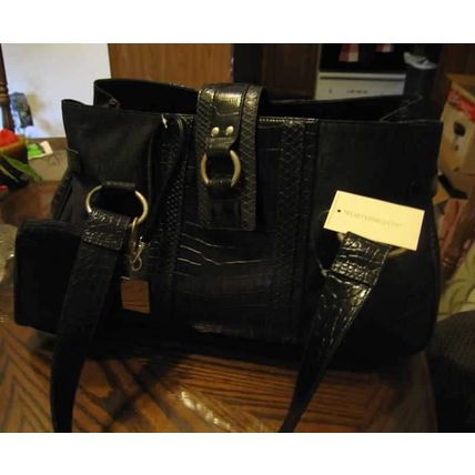 NEW WORTHINGTON JCPENNEY LG SHOULDER BAG BLACK CANVAS FAUX LEATHER PURSE HANDBAG