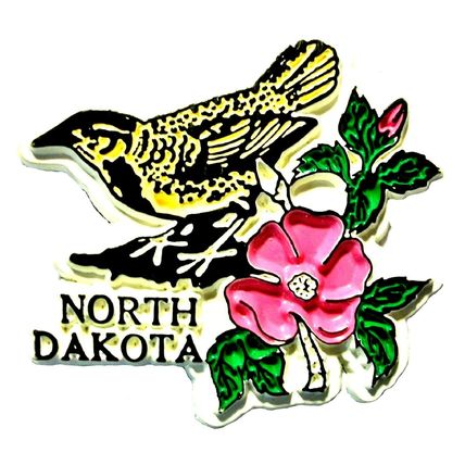 North Dakota with Western Meadowlark and Flowers Fridge Magnet