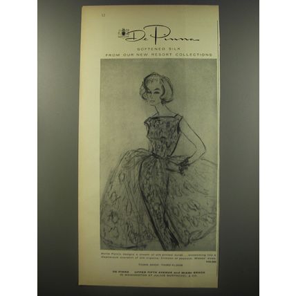 1956 De Pinna Dress by Mollie Parnis Ad - Softened Silk from our new resort