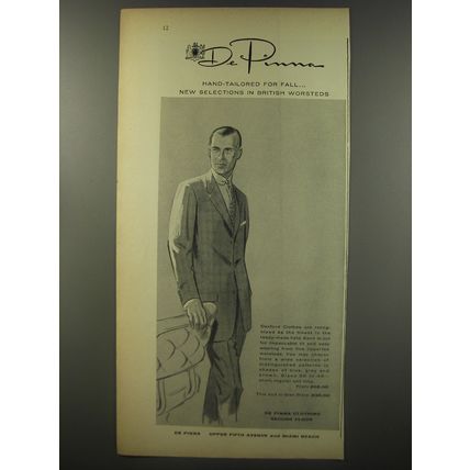 1956 De Pinna Suit Ad - Hand-tailored for fall