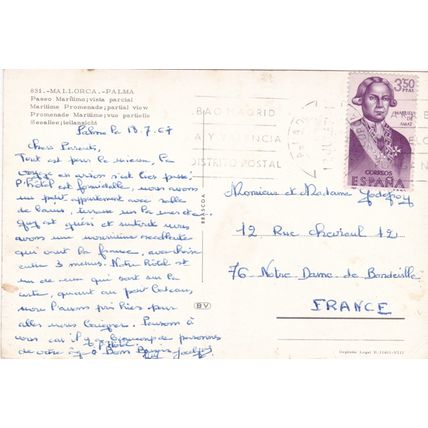 Mallorca Palma Paseo Maritimo Spain Postcard posted 1967 creased mark on face