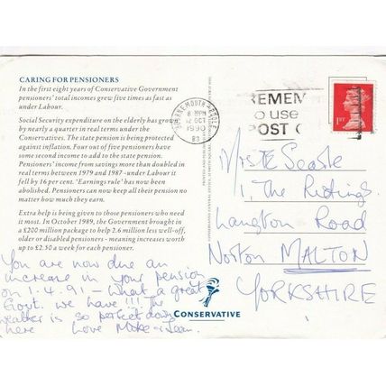 Caring For Pensioners Conservative Party Postcard posted 1990 VGC
