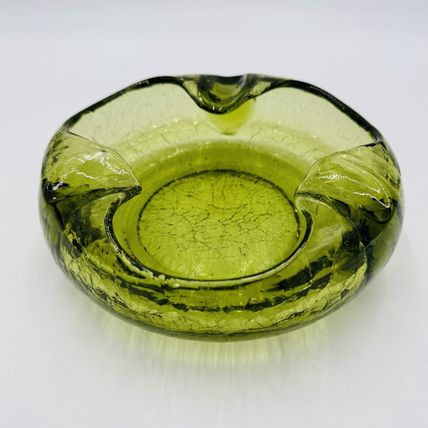 Viking Art Glass Cigar Ashtray Green Crackle MCM Vintage 7in