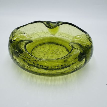 Viking Art Glass Cigar Ashtray Green Crackle MCM Vintage 7in