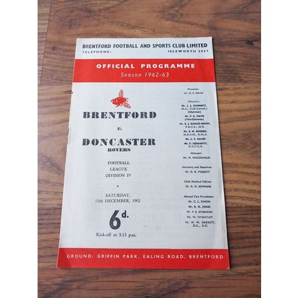 1962/63 Brentford (Champions) vs Doncaster - Division 4, 15/12/62 ** FREE P&P **