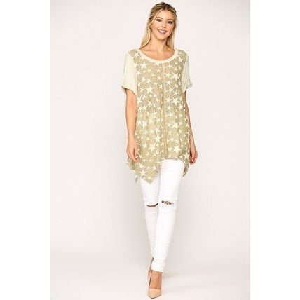 Star Textured Knit Mixed Tunic Top With Shark Bite Hem