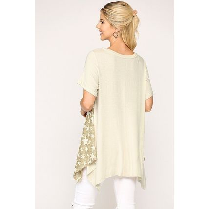 Star Textured Knit Mixed Tunic Top With Shark Bite Hem