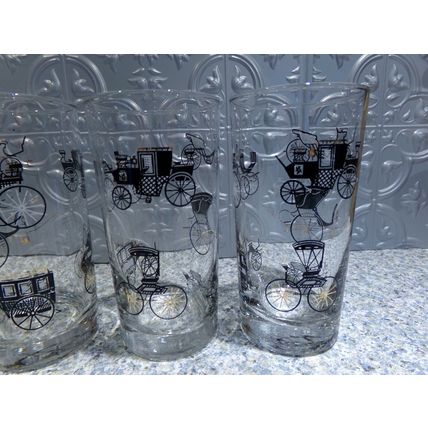 Vintage Antique Cars Black & Gold Collins Glasses (6) Libbey EUC