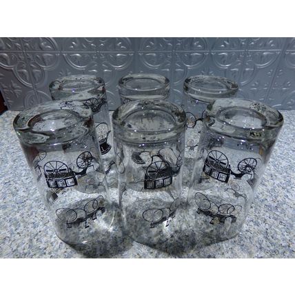 Vintage Antique Cars Black & Gold Collins Glasses (6) Libbey EUC