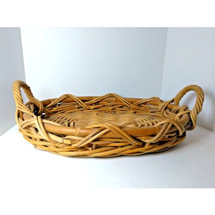 Heavy/Sturdy Flat Oval Basket w/ Side handles/ Ribbed/Bamboo - Sm. Pet Bed/More!