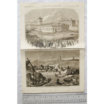 1861 engraving Strike at Blackburn & bursting of dyke at Bommellerwaard Holland