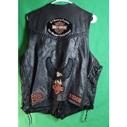 Unik Black Leather Biker Riding Vest Harley Davidson patches XXL HOG Motorcycle